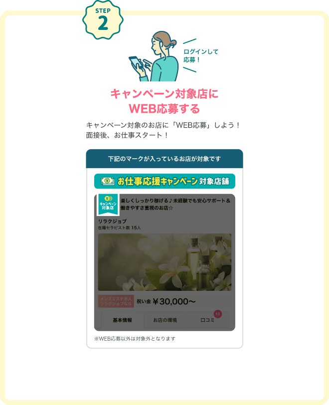 STEP2 キャンペーン対象店にログインしてWEB応募するキャンペーン対象のお店に「WEB応募」しよう！面接後、お仕事スタート！下記のマークが入っているお店が対象です。対象店マーク：「お仕事応援キャンペーン対象店舗」※WEB応募以外は対象外となります