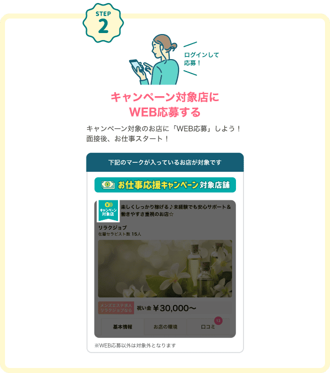 STEP2 キャンペーン対象店にログインしてWEB応募する キャンペーン対象のお店に「WEB応募」しよう！面接後、お仕事スタート！下記のマークが入っているお店が対象です。対象店マーク：「お仕事応援キャンペーン対象店舗」※WEB応募以外は対象外となります