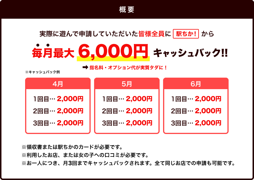 概要：実際に遊んで申請していただいた皆様全員に駅ちか！から、毎月最大で6,000円キャッシュバック！！